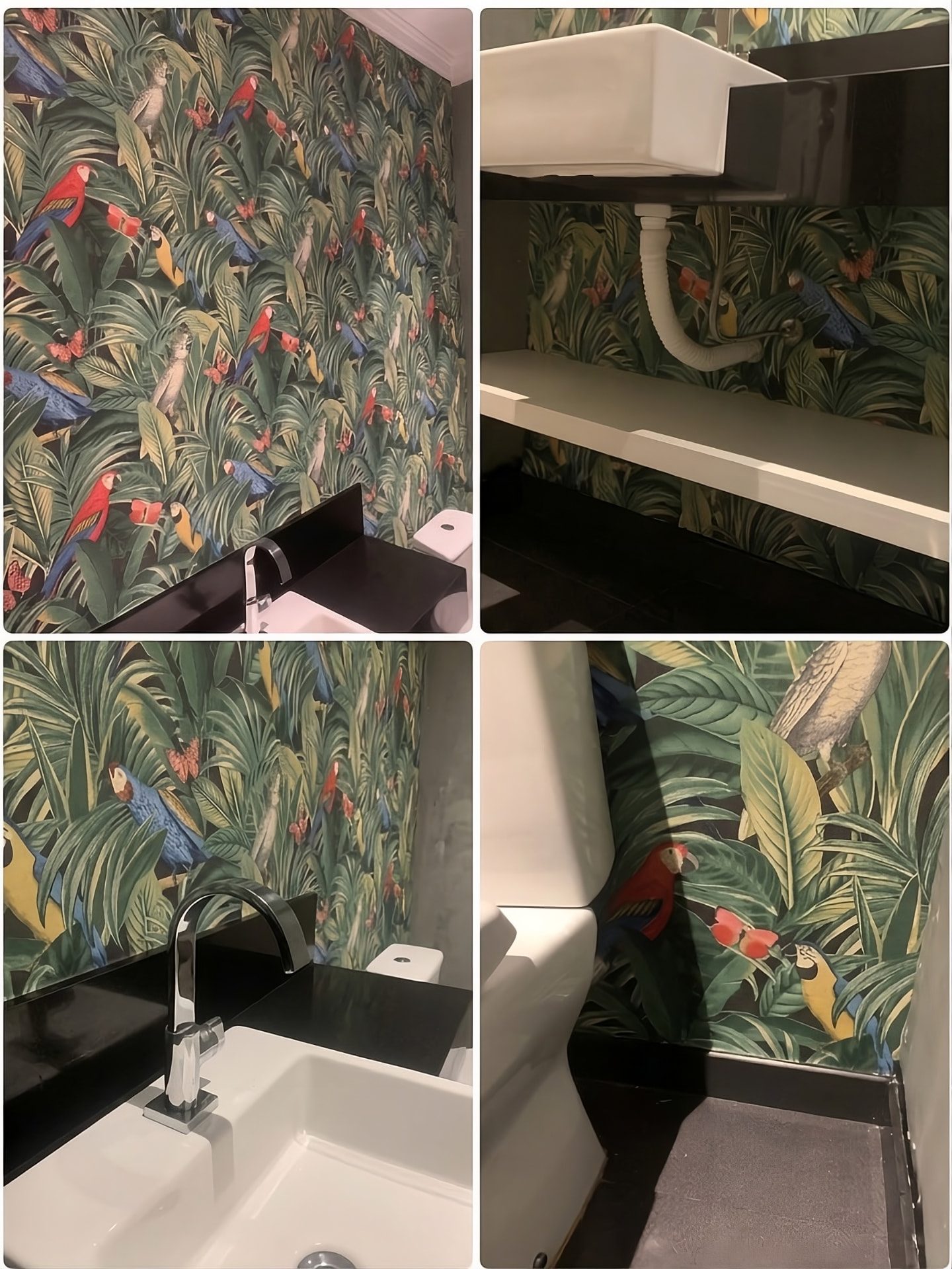 Lavabo finalizado com papel de parede de folhagem tropical